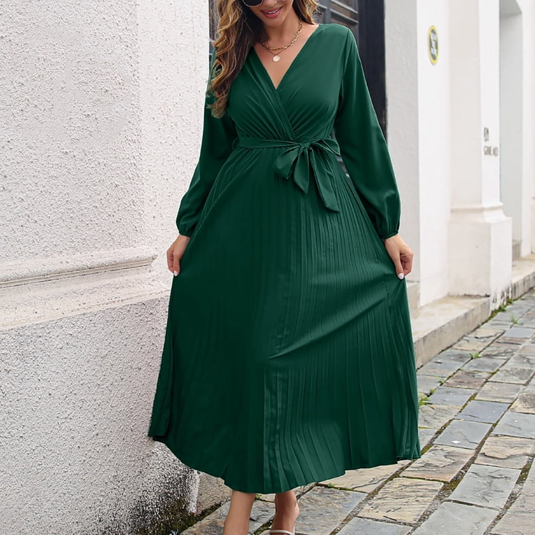 Jerdar Autumn Cross V-neck Pleated Dress for Women, Elegant Wedding Guest Evening Dresses, Women Casual Vintage Maxi Dresses, Beach Party Long Dress