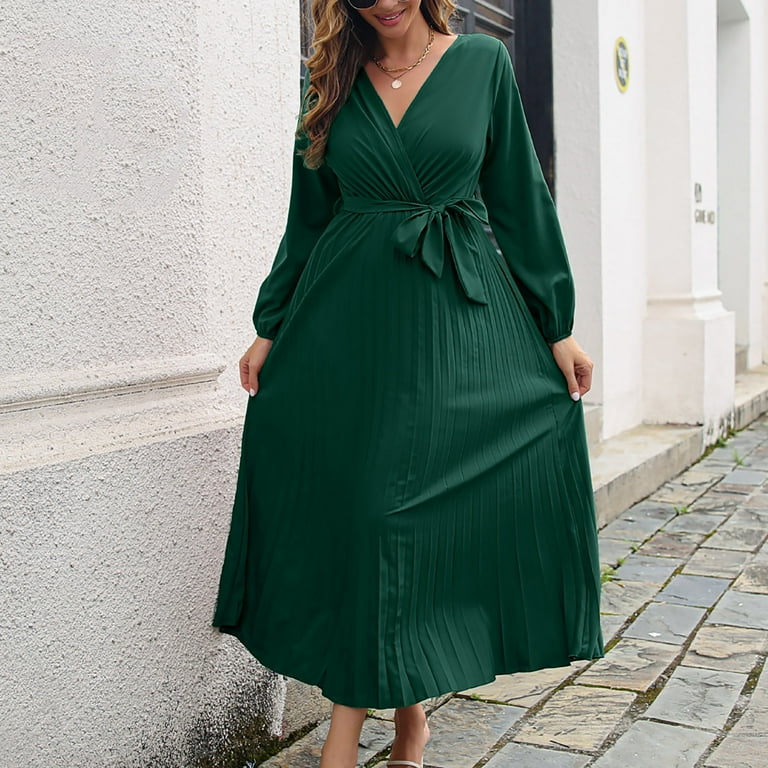 Jerdar Autumn Cross V-neck Pleated Dress for Women, Elegant Jerdar Autumn Cross V-neck Pleated Dress for Women, Elegant