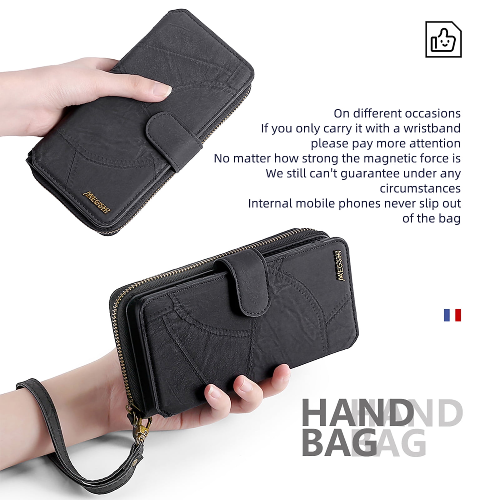 Compatible with iPhone 16e Wallet Case,Multi-Function Detachable 2 in 1 Magnetic,Flip Kickstand Strap Zipper Pocket Cash Slot Card Holder Purse Phone Case with Wrist Strap,Black