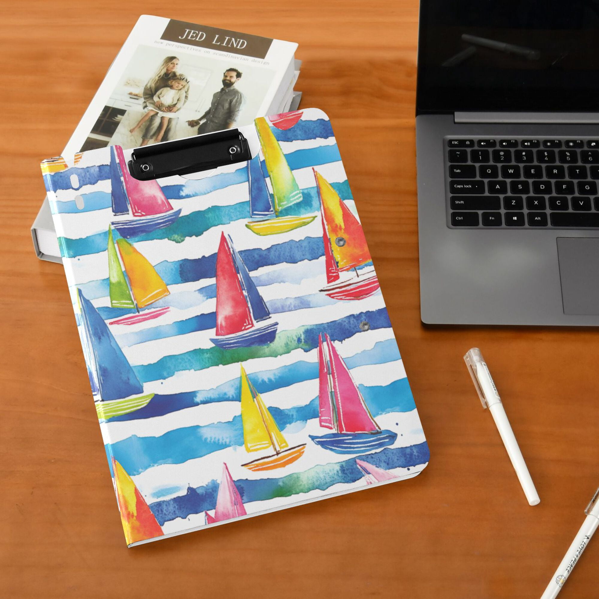 FORMRS A4 Clipboard Folder with Pen Holder Horizontal Foldable School Office Binder, Yellow Hand Drawn Sailboats