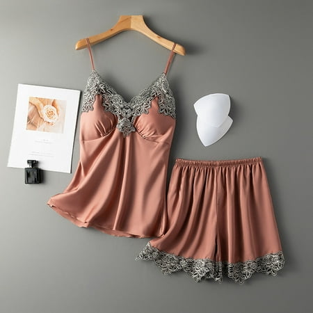 

HAOTAGS Lingerie For Women Pajamas Set Lace Shorts Set Soft Sleep 2 Piece Nightwear Wine Size M