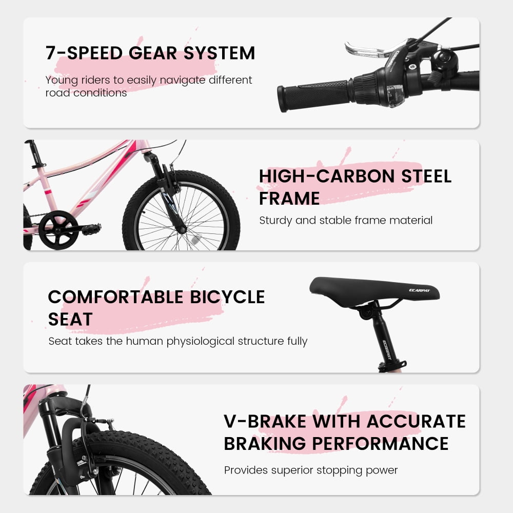 20 inch Kids Mountain Bike for Girls Boys 7-12 Years Youth Bicycle MTB, 7-Speed with Suspension Fork, V-Brakes - Pink/Blue