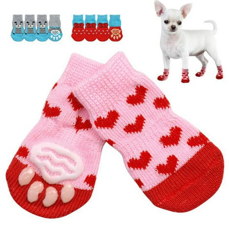 

4Pcs Socks Heart-shape Printing Comfortable Dog Accessories Non-Slip Warm Paw Protector for Pet