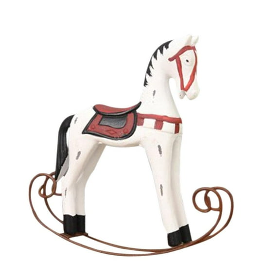 Vintage Style Wooden Rocking Horse Animal Decoration Statue Wood Carving Craft Horse Figurines Home Decor Kids Gift White