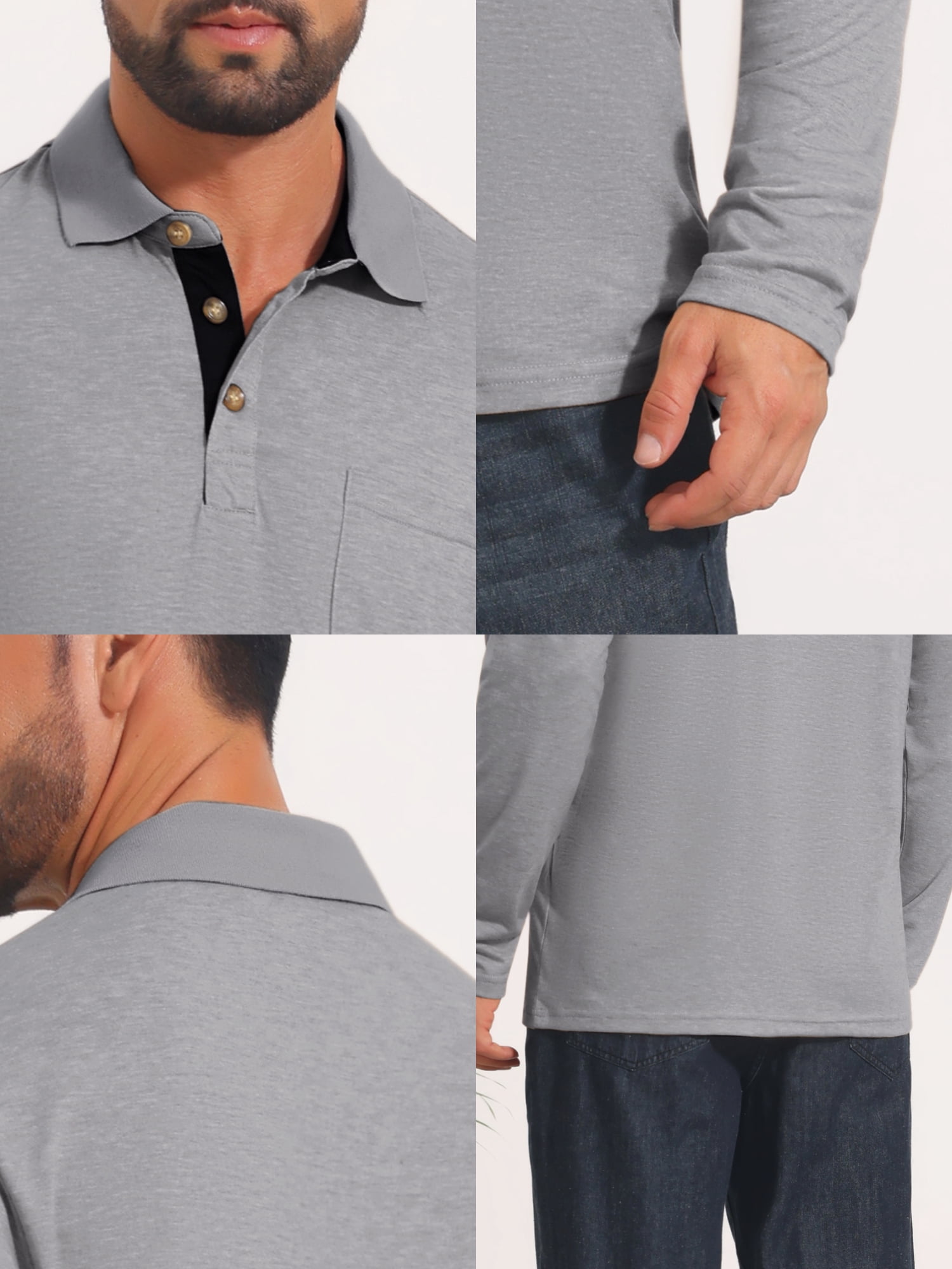 DARING DIVA Men's Contrast Button Collared Long Sleeves Golf Polo T-Shirts S Light Gray