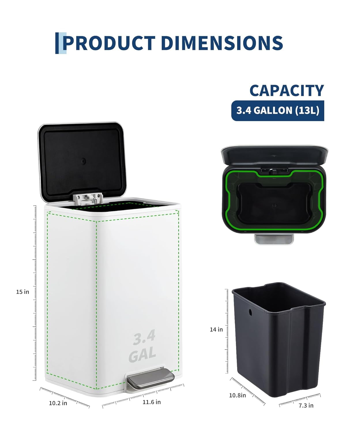 3.4 Gallon Bathroom Trash Can,Small Stainless Steel Garbage Can with Soft-Close Lid, Foot Pedal & Removable Inner Bucket, Rectangular for Home,Office,White