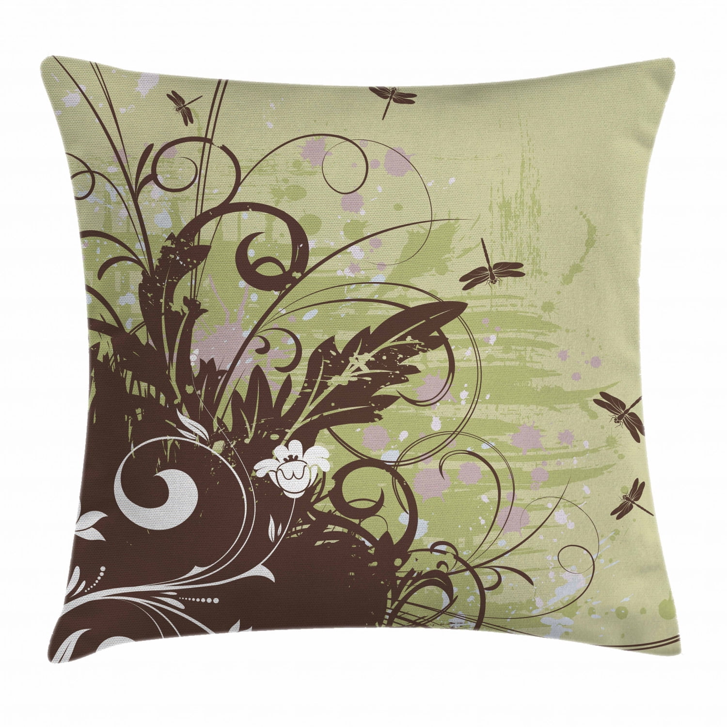 Dragonfly Throw Pillow Cushion Cover, Retro Style Flower with Grunge