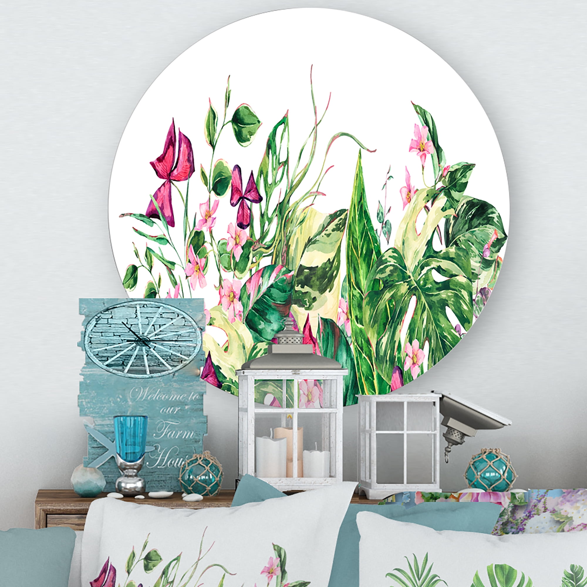 Designart 'Ancient Floral Tropical Leaves I' Tropical Circle Metal Wall Art 23x23 - Disc of 23