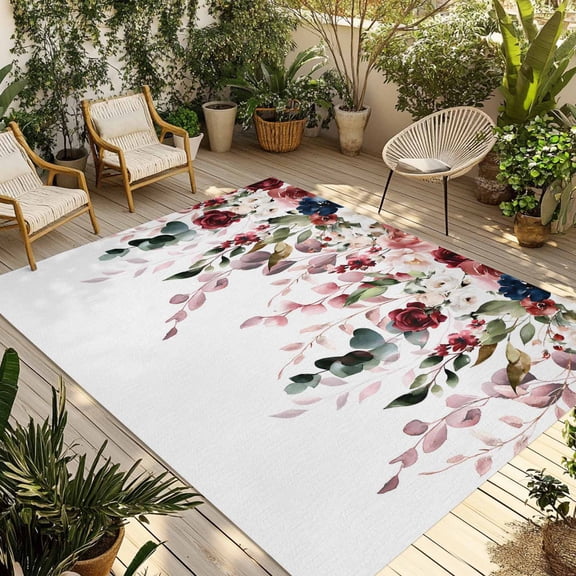 Pink Valentine's Day Outdoor Rug for Patio/Deck/Porch, Non-Slip Large Area Rug 3 x 5 Ft, Spring Floral Farmhouse Indoor Outdoor Rugs Washable Area Rugs, Reversible Camping Rug Carpet Runner