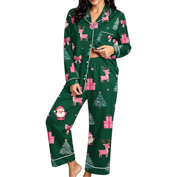 Enjoytime Christmas Womens Pajama Sets Print Button Down Long Sleeve Shirts Pants 2 Piece Sleepwear Xmas Soft Plus Size Lounge Set