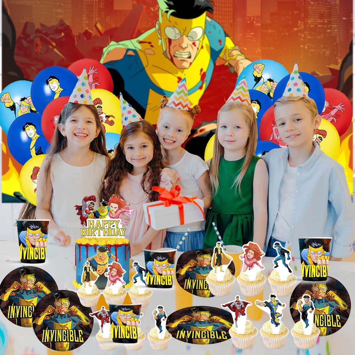 Invincible Birthday Party Supplies Balloons Paper Plates Decoration Cake Topper Decor Tableware Banner Backdrop