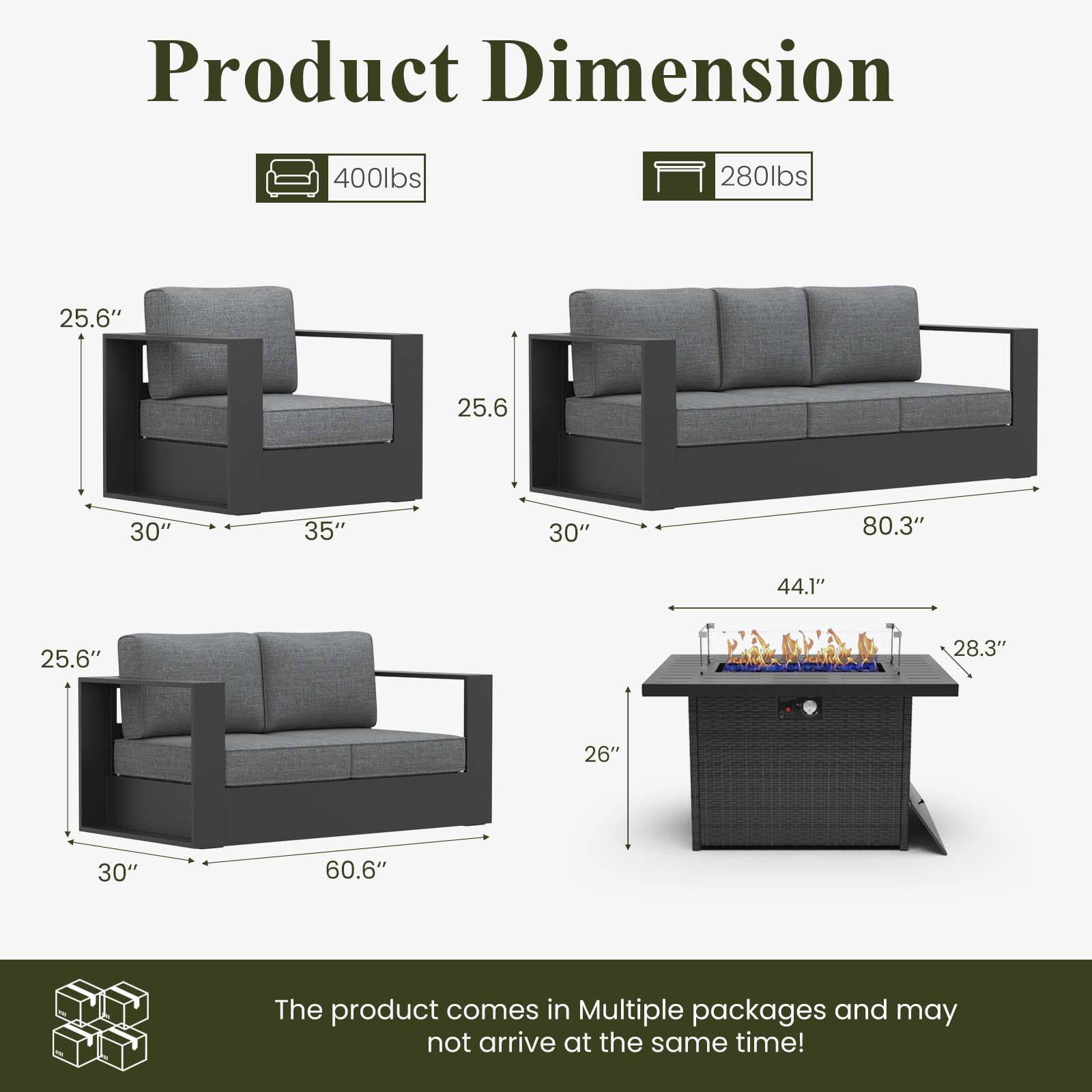 LayinSun Oversized Aluminum Outdoor Furniture Set, 5 Piece Patio Sofa Sets with Fire Pit Table, Deep Seating and Upgraded 6-inch Cushions for Porch, Balcony, Deck