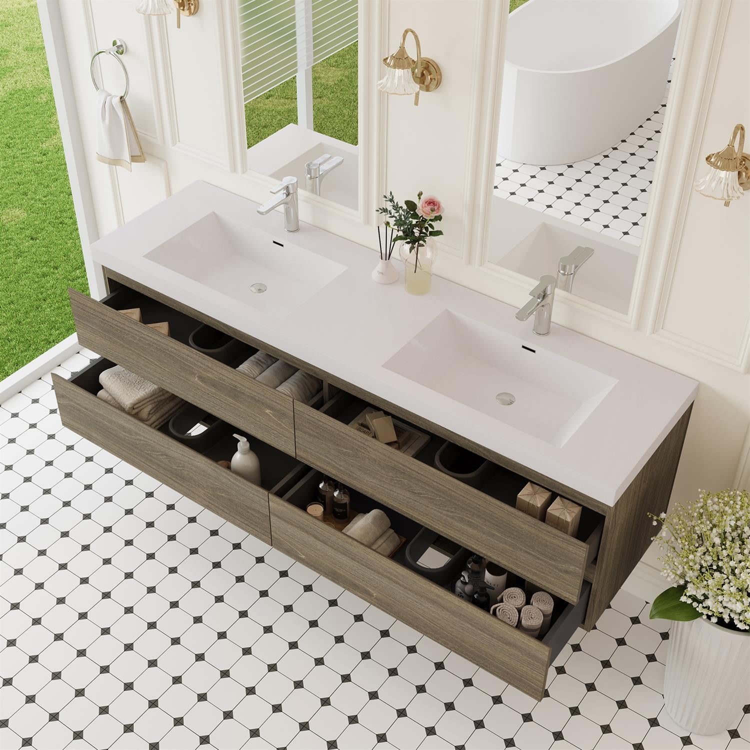 Demi Bonn 72" Floating Bathroom Vanity with Sink, Double Resin Top Basin and 4 Soft Close Drawers, Faucets and Drains Not Included, Gray