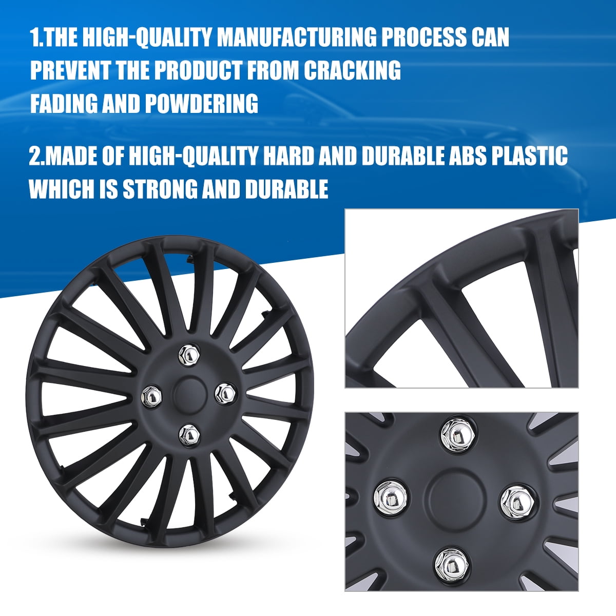 Hubcaps 15", Wheel Cover Universal R15 Hub Caps, Snap On Car Pickup Truck SUV (Not fit for toyota Prius All Models) , Black, Set of 4, ABS & PC Material, 15-Inch, BLACK MATTE