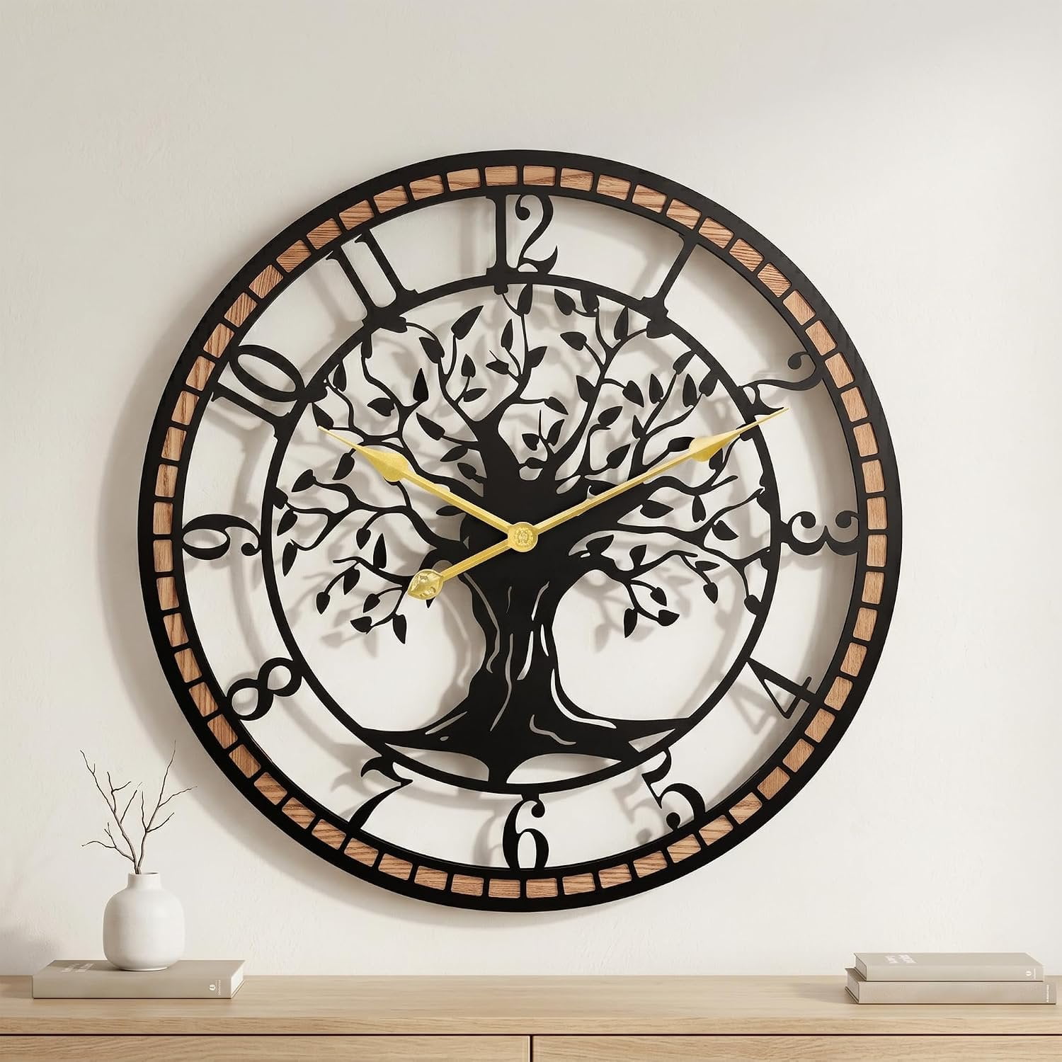 24 Tree of Life and Metal Wall Clock, Rustic Decor