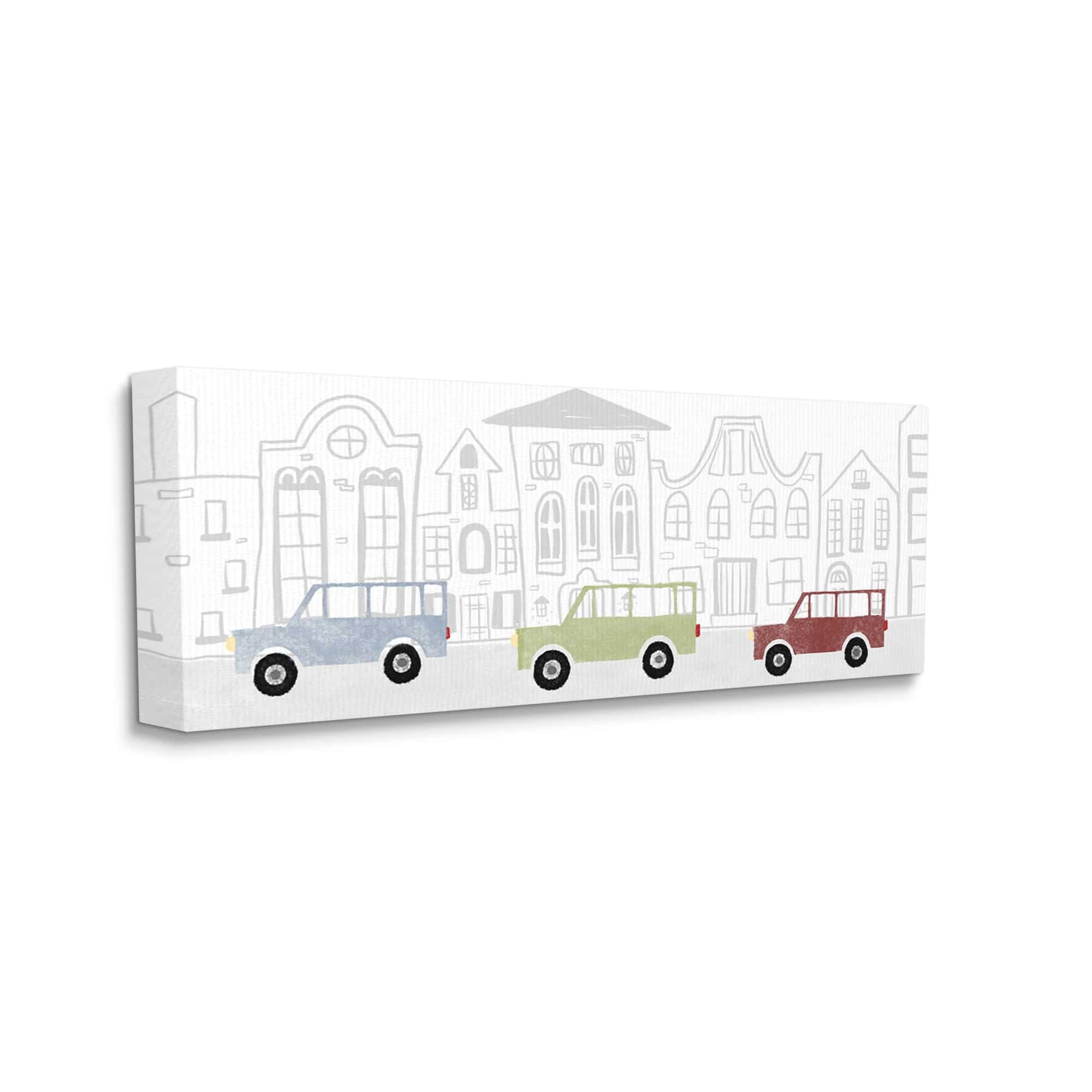 Stupell Industries Quaint City Neighborhood Cars Driving Along Road Illustration Canvas Wall Art, 24 x 10, Design by Daphne Polselli