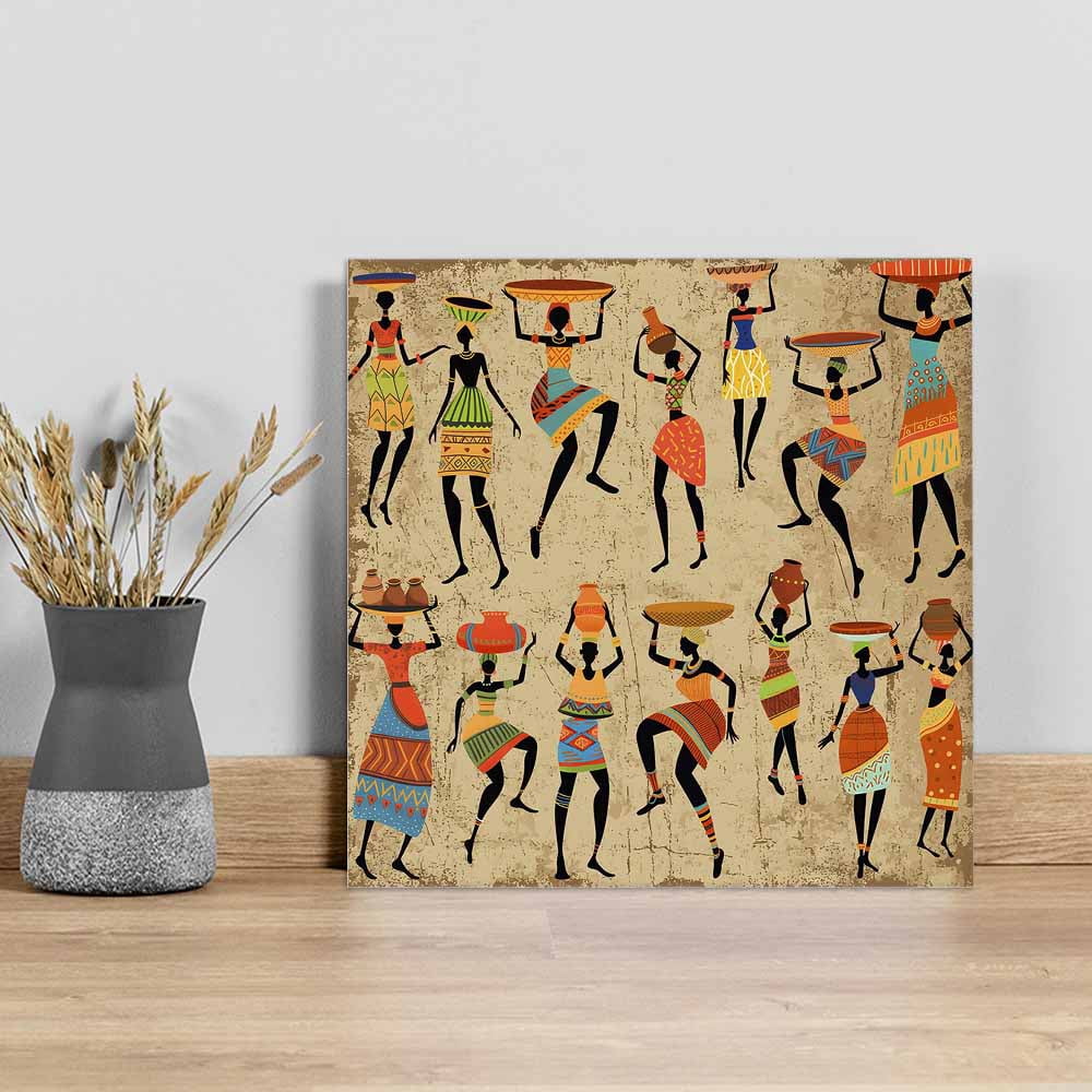 Black African Women Canvas Wall Art, Vintage Abstract Ethnic Style Bohemian Linen Texture Framed Wall Decor Modern Artwork Prints Painting for Living Room, Bedroom, Kitchen & Cafe Decor 16x16 Inch