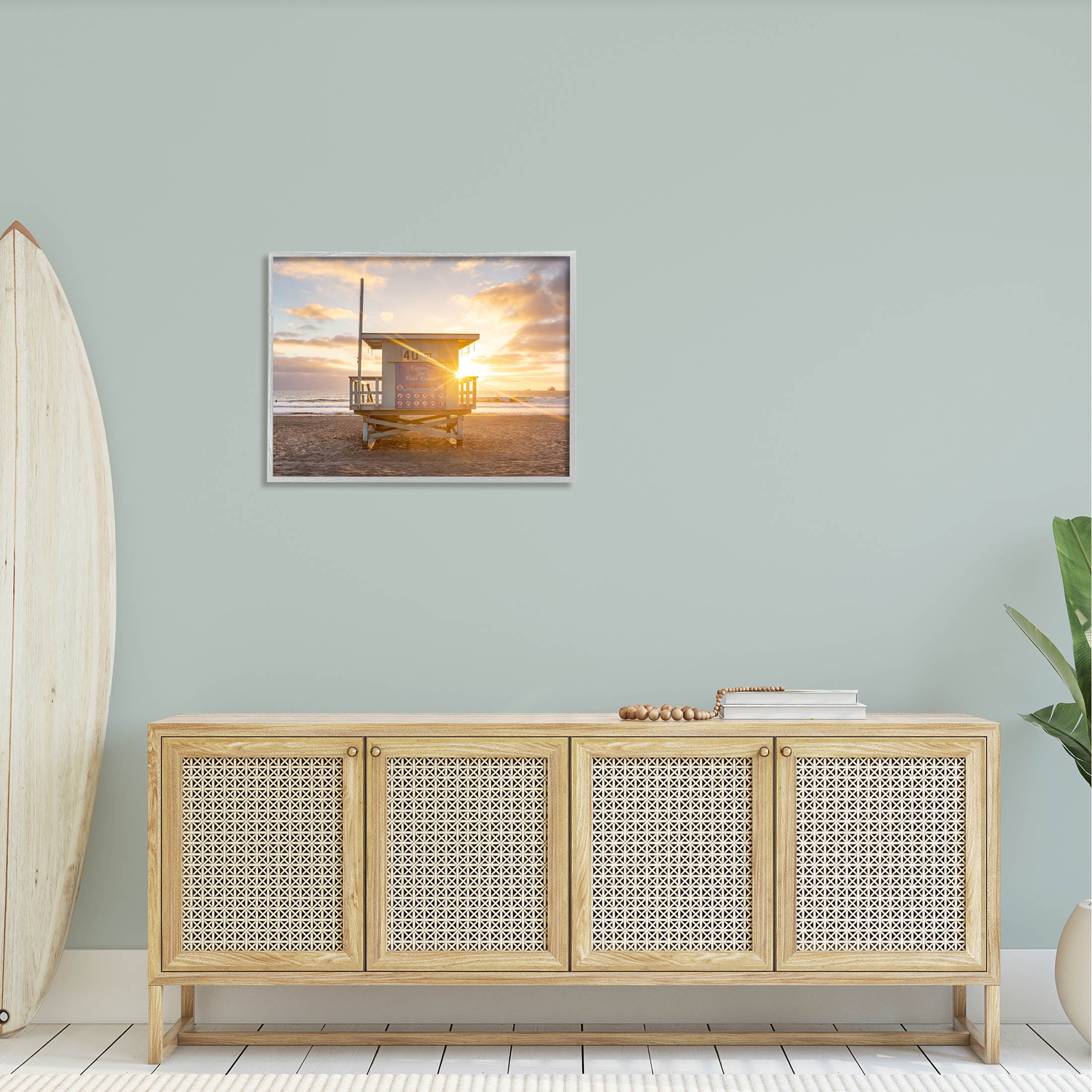 Beach Hut Sunset Flare Coastal Photograph Gray Framed Art Print Wall Art