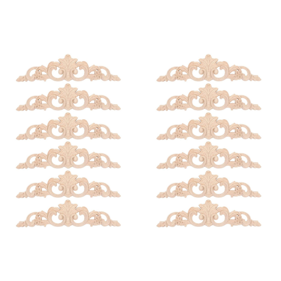 12Pcs Onlay Wood Mouldings Wood Applique Wood Decal Carved Unpainted Long Flower Rubber Wood Corner Furniture