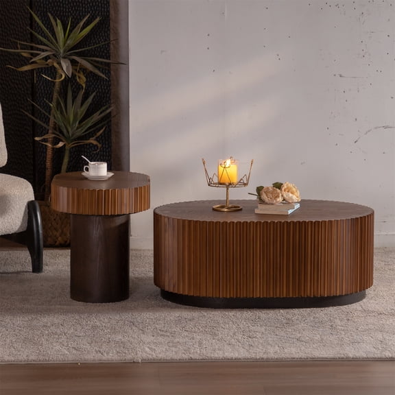 Modern Round Nesting Coffee Table Set of 2, Wooden Circle Fluted Center Table