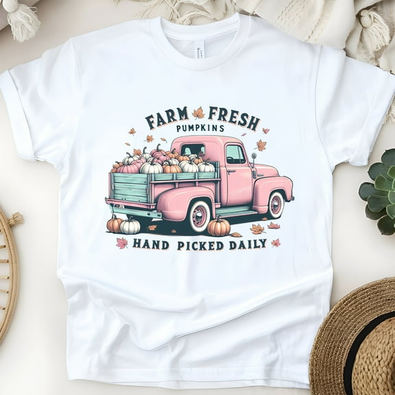 Farm Fresh Pumpkins Shirt | Vintage Pink Truck Autumn Tee | Fall Harvest T-Shirt, White, Size S