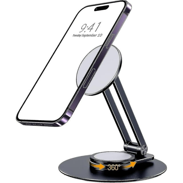 Magnetic Desk Phone Stand for iPhone 14, 13, 12 Series: MagSafe Phone Stand Holder Dock with 360 Rotation Base, Adjustable and Foldable