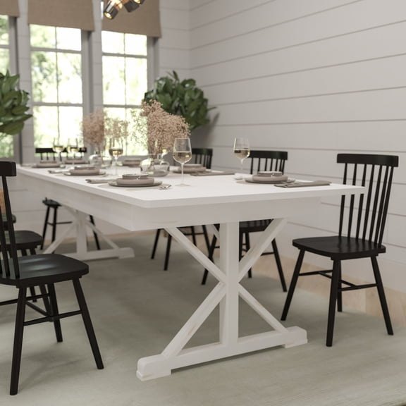 Merrick Lane 9' x 40" Rectangular Antique Rustic White Solid Pine Foldable Dining Table with Crisscross Legs