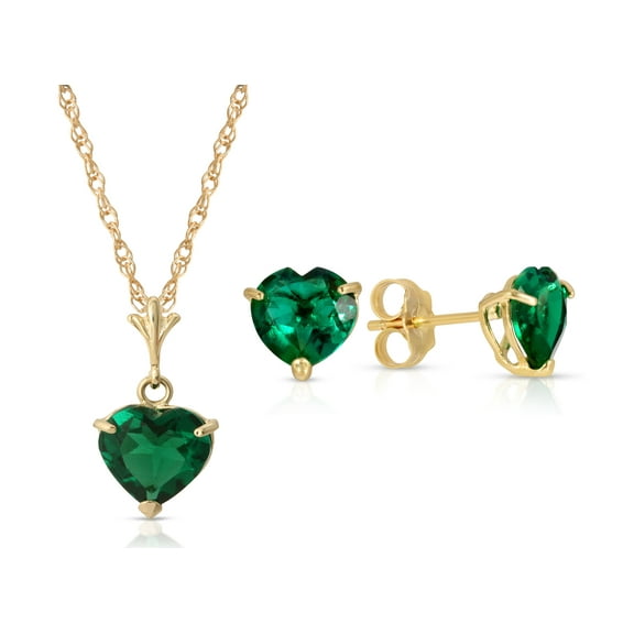 Galaxy Gold 14K 18" Solid Yellow Gold Lab Grown Heart Emerald Necklace and Earring Set Grade AAA