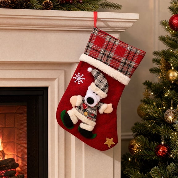 1 Pack Plaid Christmas Stockings with Hooks, 16" Knit Xmas Socks for Fireplace Mantel, Traditional Holiday Decor for Gifts (Dog)