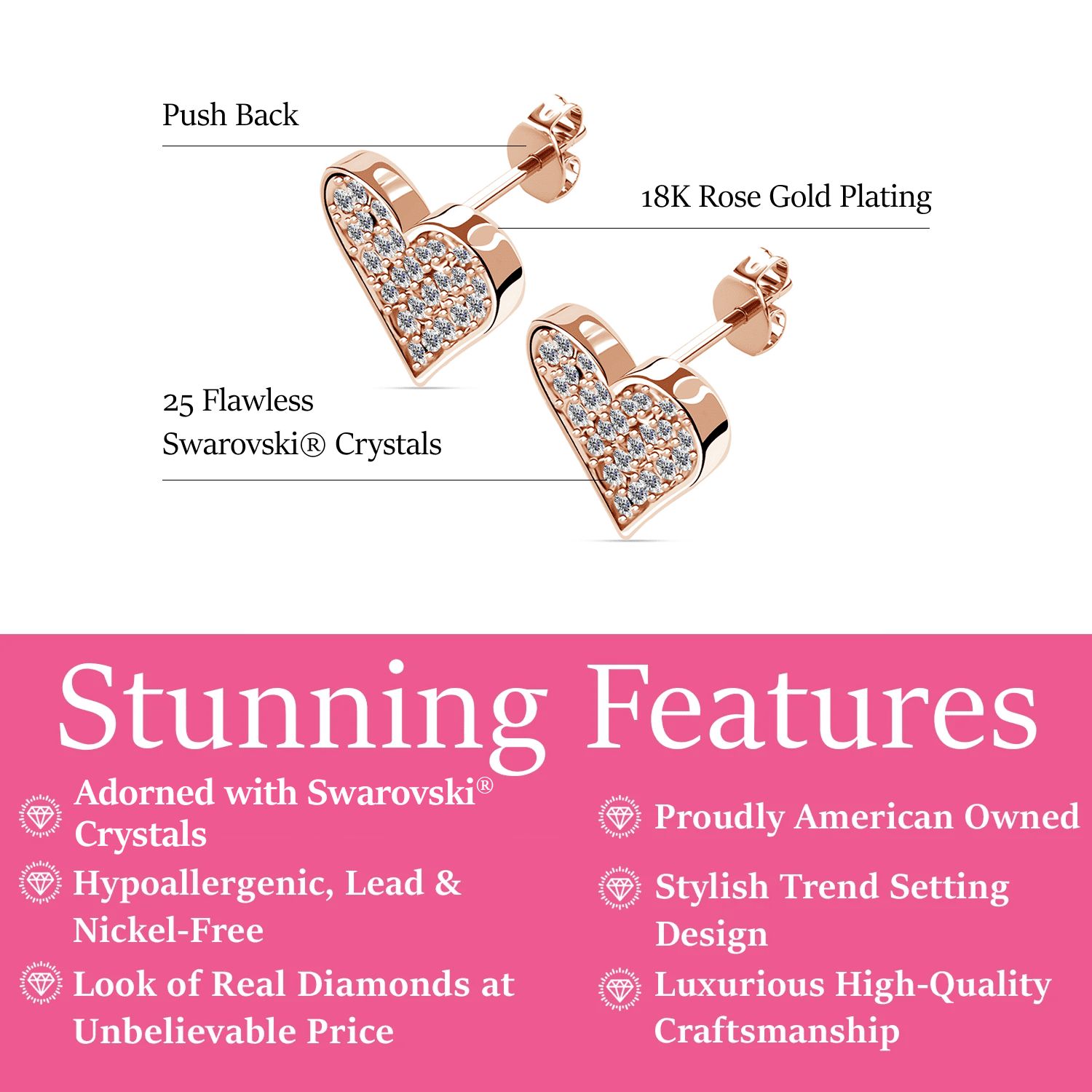 Cate & Chloe Cecilia 18k Rose Gold Plated Silver Stud Earrings with Swarovski Crystals for Women