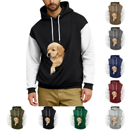 Hoodies for Men Pet Pouch Kangaroo Fall Winter Pouch Hoodies Pocket Puppy Cat Dog Carrier Pullover Animal Holder Top Hoodies Sweatshirt Black M