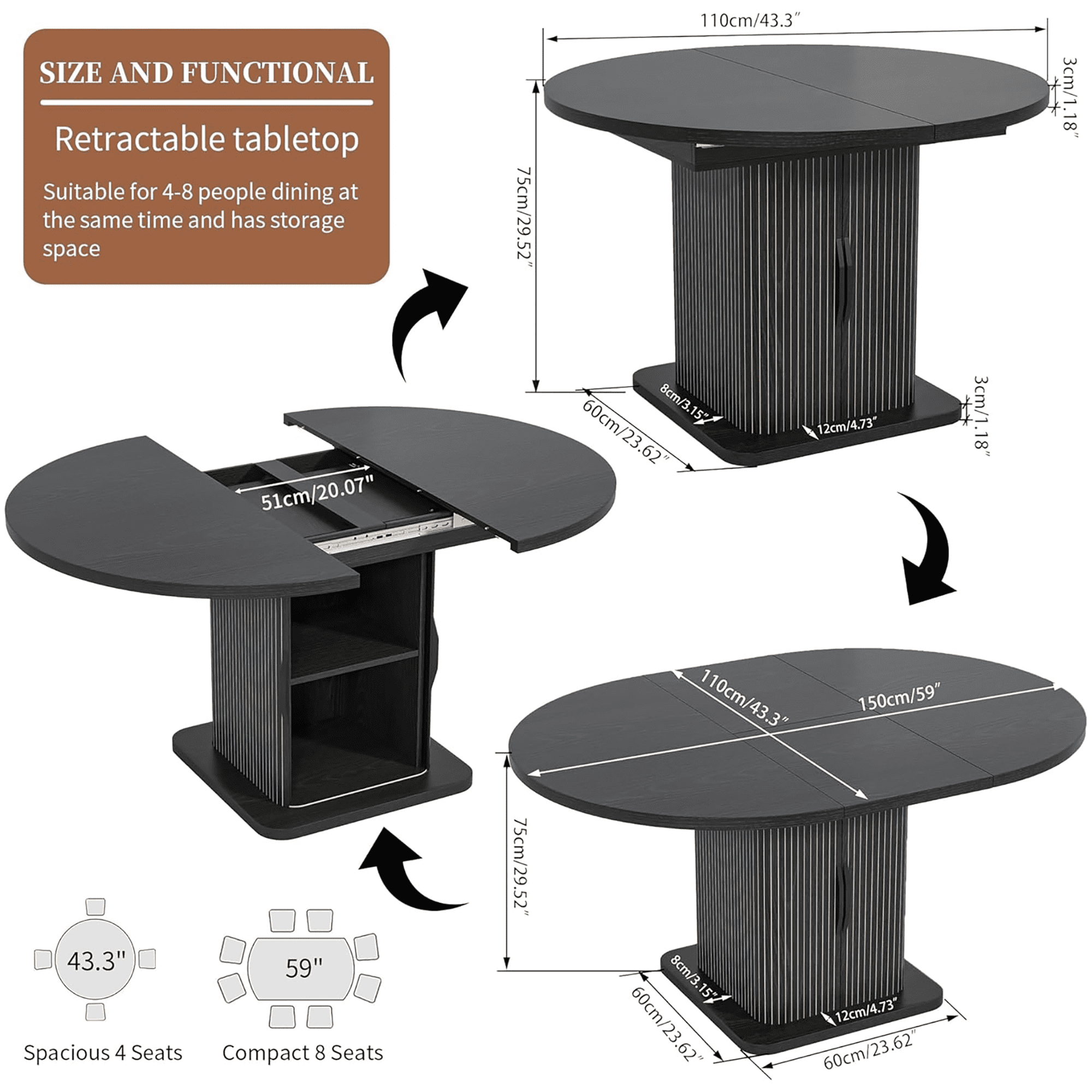 Round Dining Table for 4-8, 43.3''-59'' Extendable Kitchen Table Dinner Table with 2-Layer Storage Shelf and Wood Slide Door for Home Living Room, Black