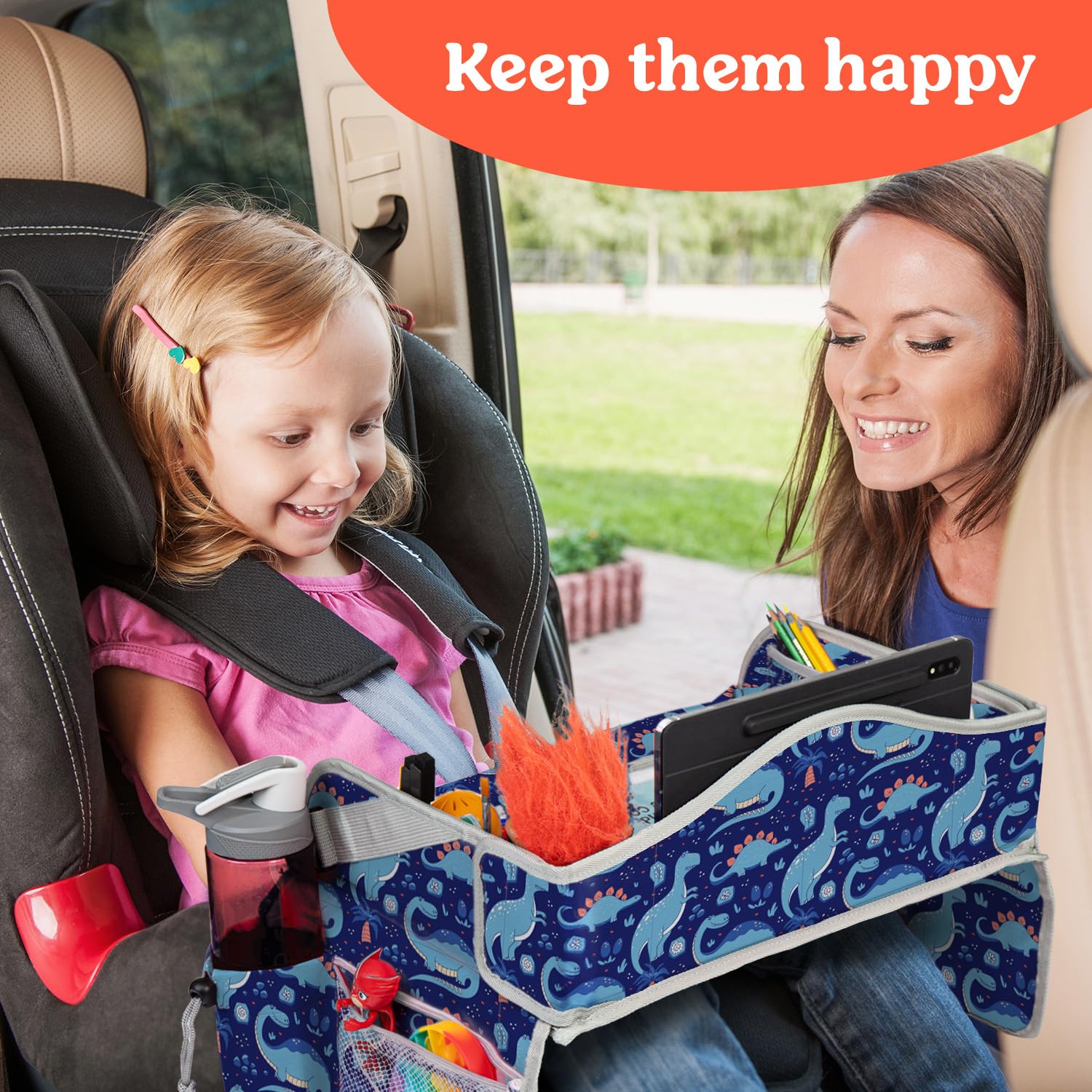 PILLANI Kids Travel Tray for Car - Car Seat Tray for Kids Travel, Road Trip Essentials Must Haves - Carseat Table Roadtrip Activities - Toddler Lap Desk Organizer for Airplane - Kids Travel Essential