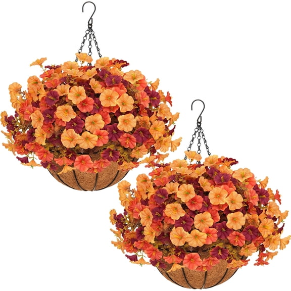 2Sets Artificial Hanging Basket for Outdoor Decoration, Autumn Flowers for Outdoor Courtyard, Front Porch, Garden Balcony, Autumn Flower Basket Decoration (Mixed Colors)