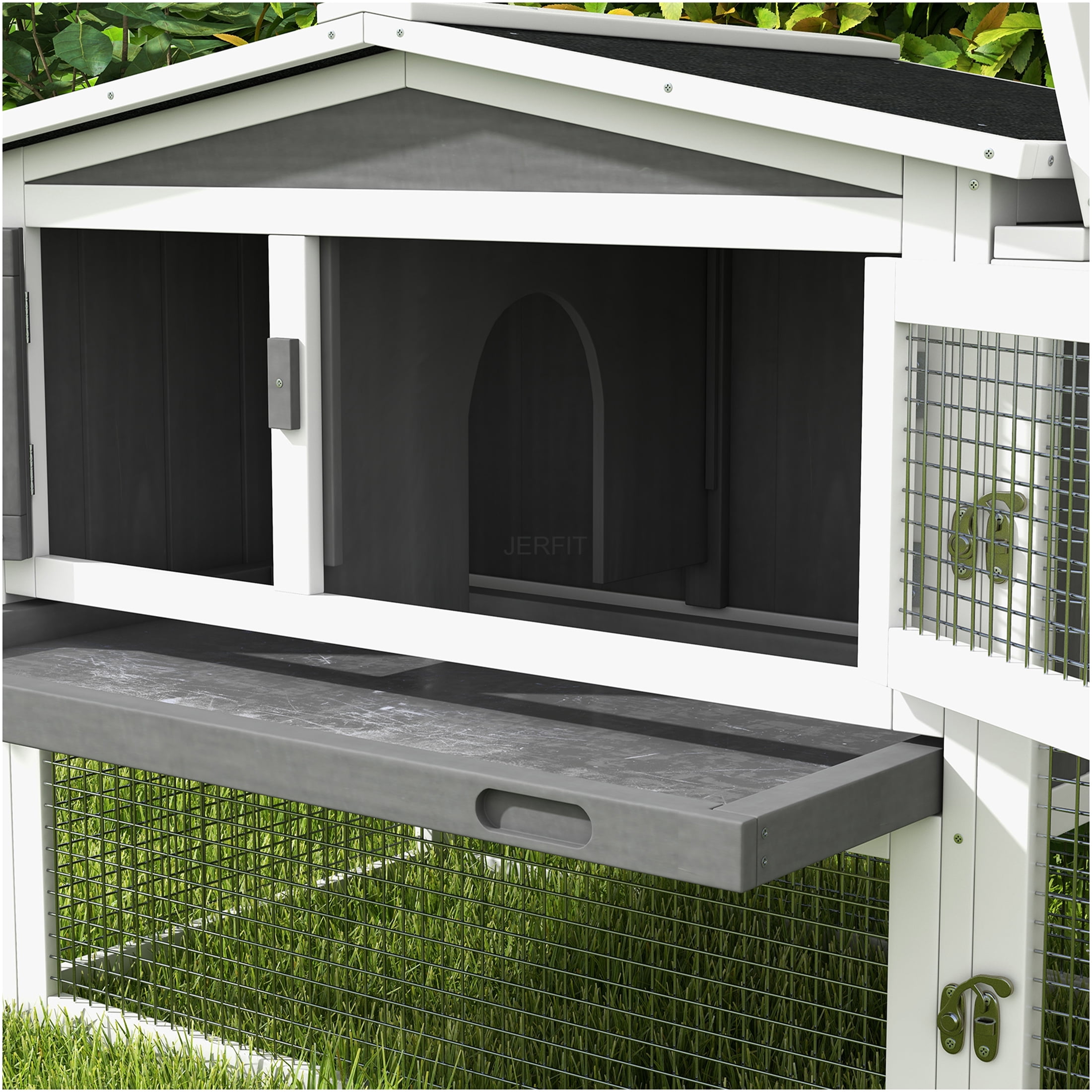 JERFIT 2-Story Outdoor Rabbit Hutch with Waterproof Asphalt Roof, Detachable Run & Slide-Out Tray, Large Wooden Bunny Cage House for Indoor Outdoor Use, Light Gray
