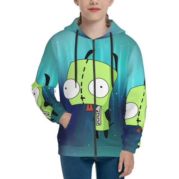 Invader Zim Teens Boys Girls Zip Up Hoodies 3d Print Long Sleeve Hooded Sweatshirt Jacket With Pocket Small