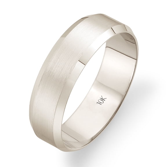 Men's 10K Solid Gold Wedding Band, 6mm, Beveled Edge, Satin Finish, Comfort Fit Ring, 10K White Gold (Stamped for Authenticity), Size 13