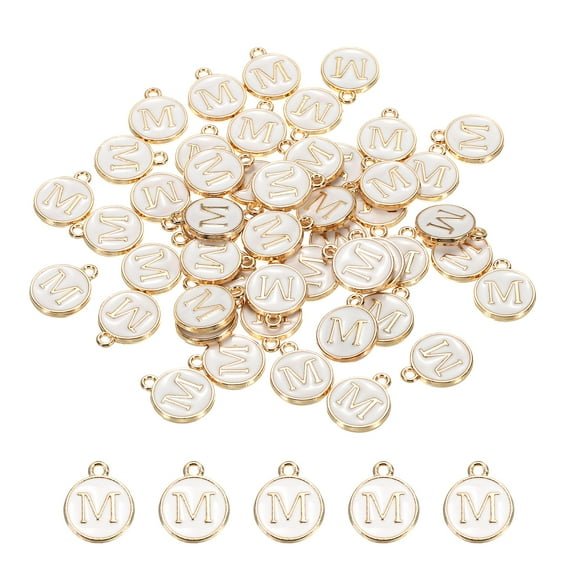 Alphabet M Letter Charm Double Sided Enamel Initial Alphabet Pendant White, for Jewelry Making, 50pcs