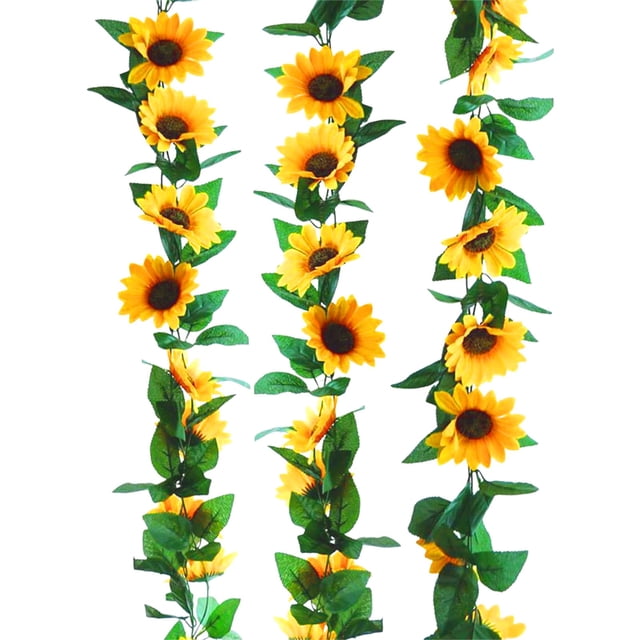 Guirnaldas decorativas de girasoles, paquete de 2, 2,3 m, flores artificiales colgantes de seda con hojas verdes para bodas, fiestas de cumpleaños y decoración de pared del hogar.