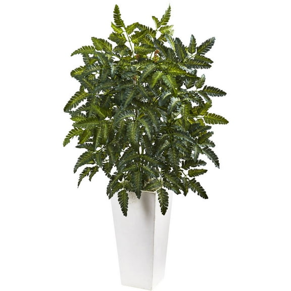 Nearly Natural Bracken Fern with White Planter