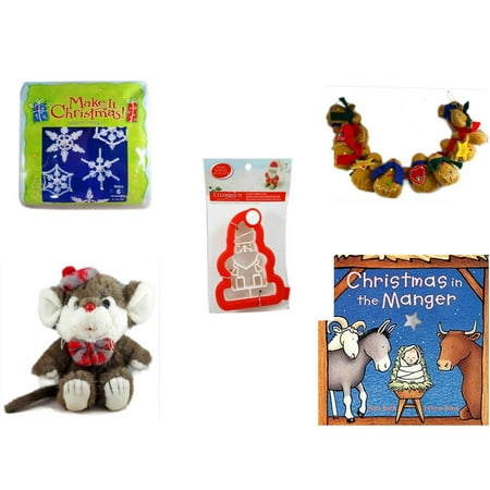 Christmas Fun Gift Bundle [5 Piece] - Make It .  Ornament Kit - String of Gingerbread  w/ Wood Stars & Hearts 4.5' Feet  - Celebrate It 3D Santa Cookie Cutter -  Beret & Bowtie Mouse  10