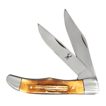 TheBoneEdge 9.5 Tactical Dual-Blade Trapper Pocket Knife Burn Bone Handle with Leather Pouch