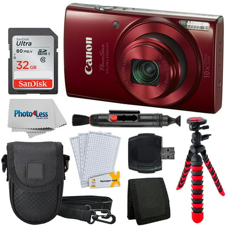 Canon PowerShot ELPH 190 Digital Camera w/ 10x Optical Zoom and Image Stabilization (Red) + 32GB Memory Card + 12'' Tripod + Camera Case + Lens Pen + Cleaning Cloth + Screen Protectors + Card Reader