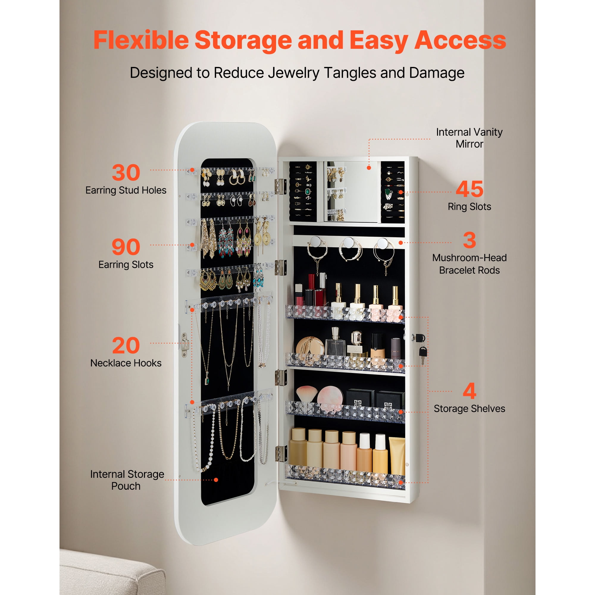 KFFKFF LED Mirror Jewelry Cabinet, 42.5-inch Tall, Full-Length Mirror with Storage, Wall-Mount or Over-the-Door Jewelry Organizer with Lights, Rounded Edges, Lockable Door with 2 Keys, White