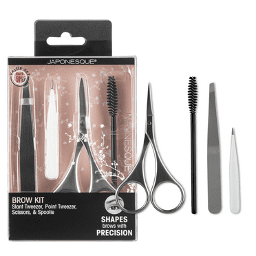 Japonesque Slant Tweezer, Point Tweezer, Scissors, & Spoolie Eyebrow Kit for Applying Pressed Powders