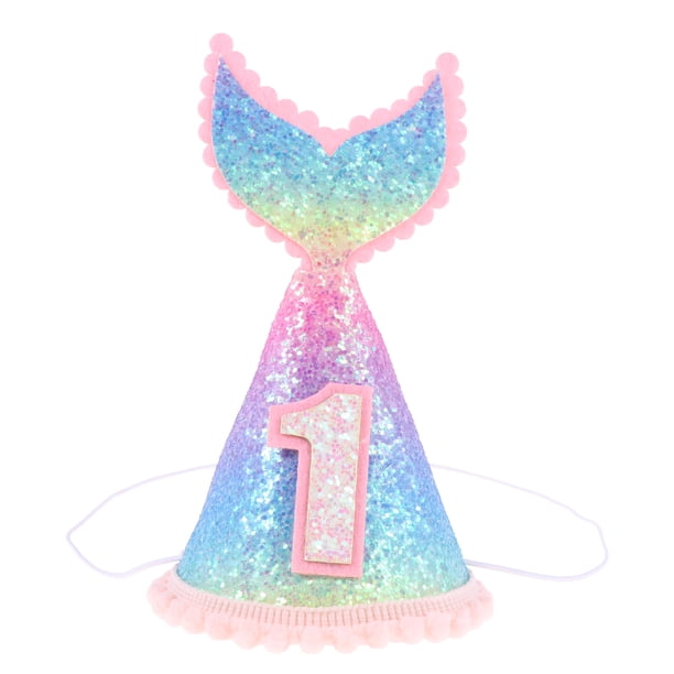 FELTECHELECTR Mini sombrero de cola de pez con purpurina iridiscente, decoración para fiestas de cumpleaños infantiles, sombreros para el primer cumpleaños.