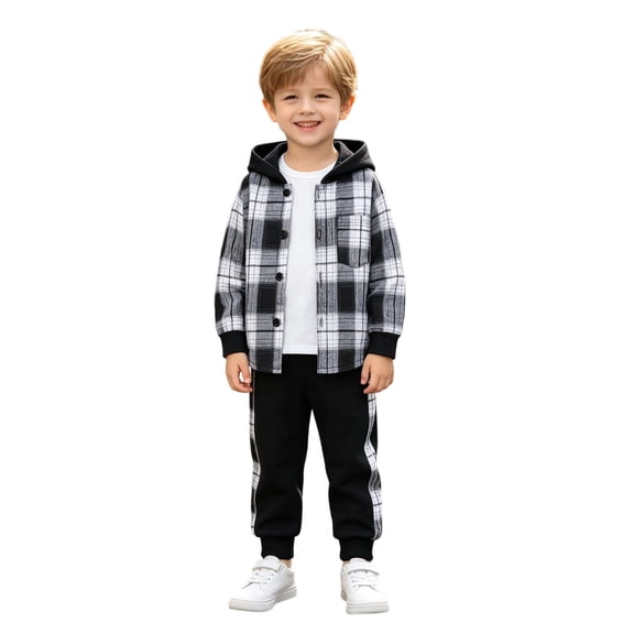 Hudaneo 3T Boy Clothes Boys 2 Piece Cotton Sweatsuit Set Plaid Hoodie Button Down Shirt and Elastic Waist Cargo Pants for Kids Play Wear, 3-7 Years