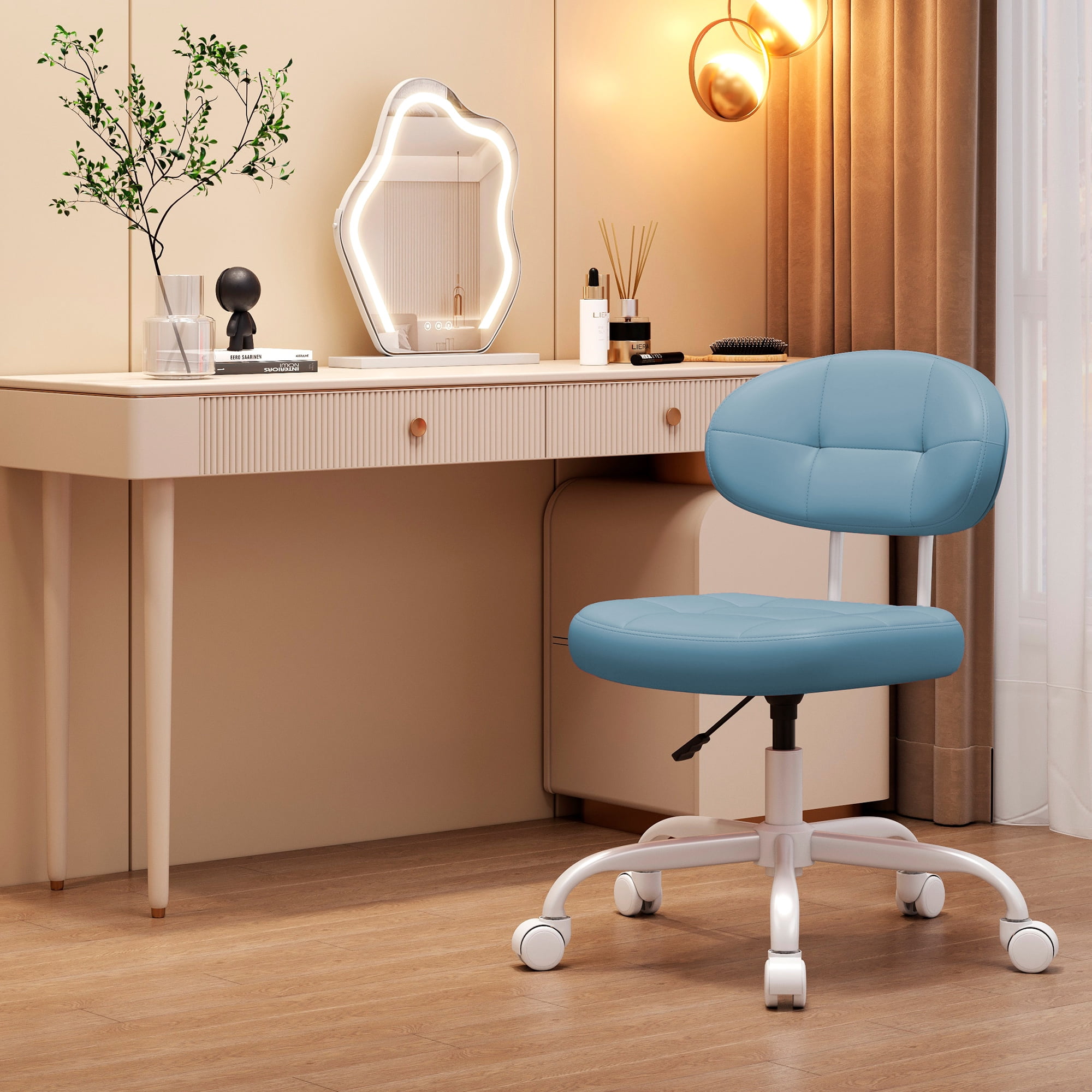 Misolant Vanity Chair with back, Small Armless Cute office Chair with wheels and Lumbar support, Comfy PU Leather Desk Computer Chairs with Adjustable Height, 360°Swivel for Home Bedroom Office