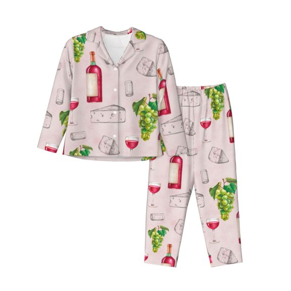 Pajamas for Women Set - Wine Print No.J932 Comfy Long Sleeve Button Up Pajama Sets for Women 2 Piece, Soft Sleepwear Nightwear Pjs Lounge Sets for Women with Pockets