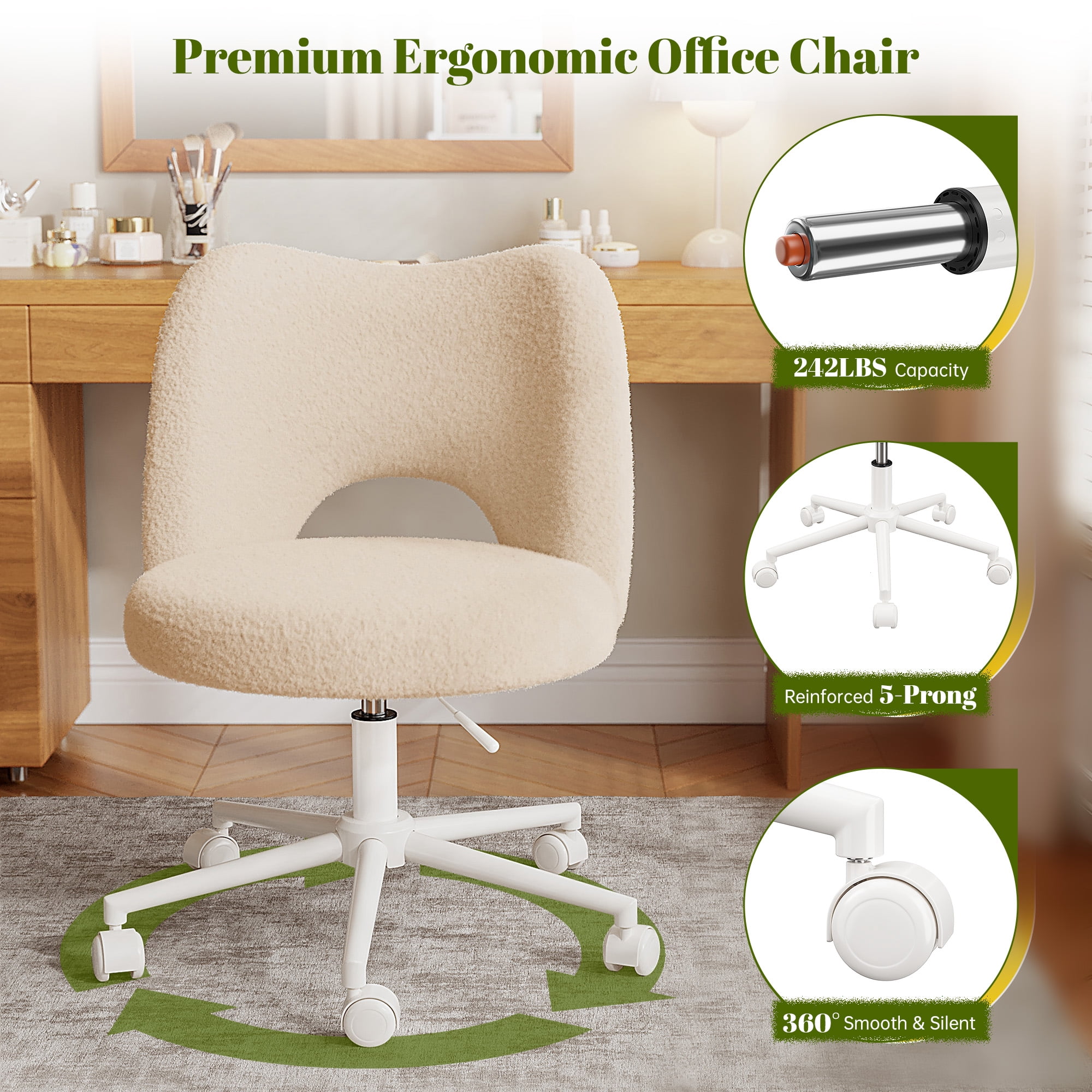 Romorgniz Adjustable Vanity Chair with Backrest Teddy Velvet Swivel Desk Chair with Wheels, Space-Saving Makeup Computer Chair, Off-White